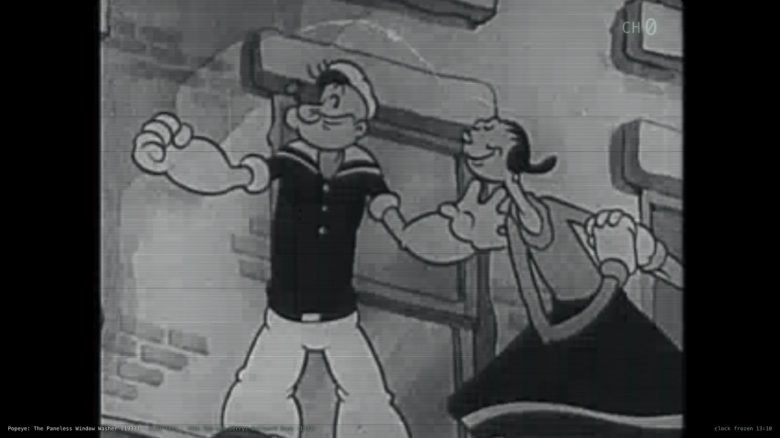 A black-and-white Popeye cartoon filling the screen, letterboxed to 4:3, with the corner channel mark and the status line naming what is on and what follows.