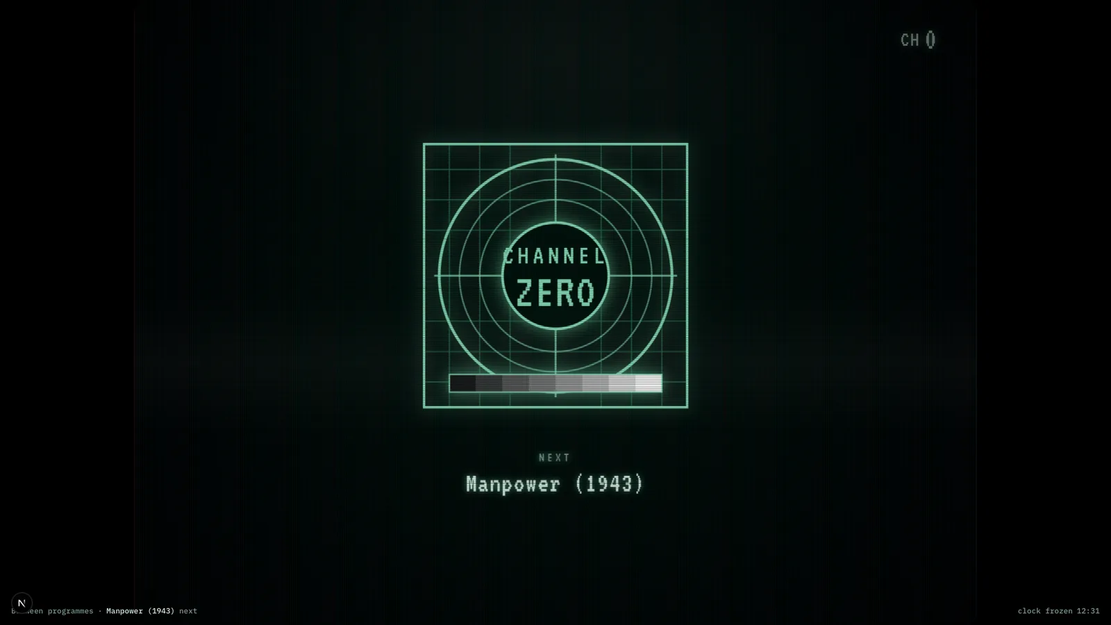 The station ident: a glowing test-card circle reading CHANNEL ZERO over a grid, with NEXT and the title of the following film underneath.