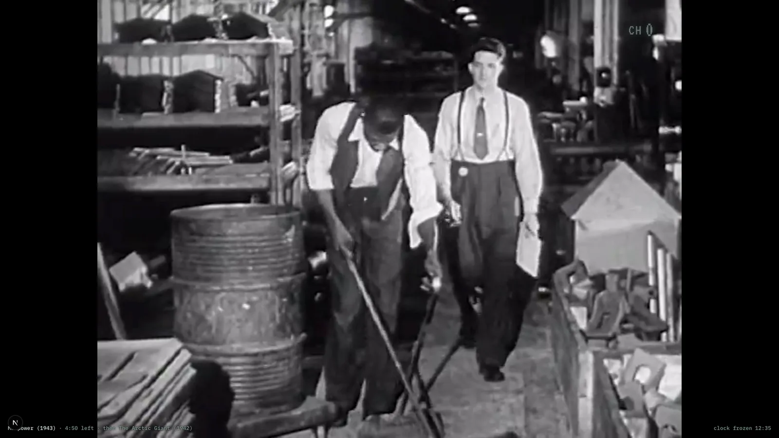 The same industrial film with the CRT treatment switched off: a clean, flat picture with no curvature or scanlines.